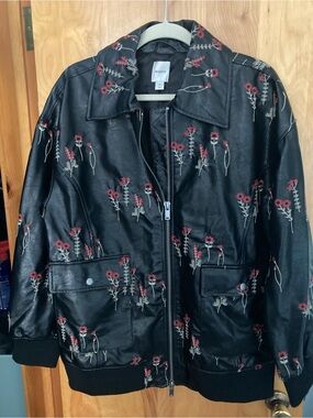 Maeve Black Faux-Leather Floral Embroidered Bomber Jacket
